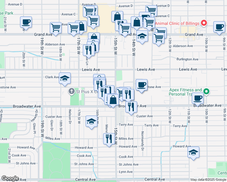 map of restaurants, bars, coffee shops, grocery stores, and more near 1444 Yellowstone Avenue in Billings