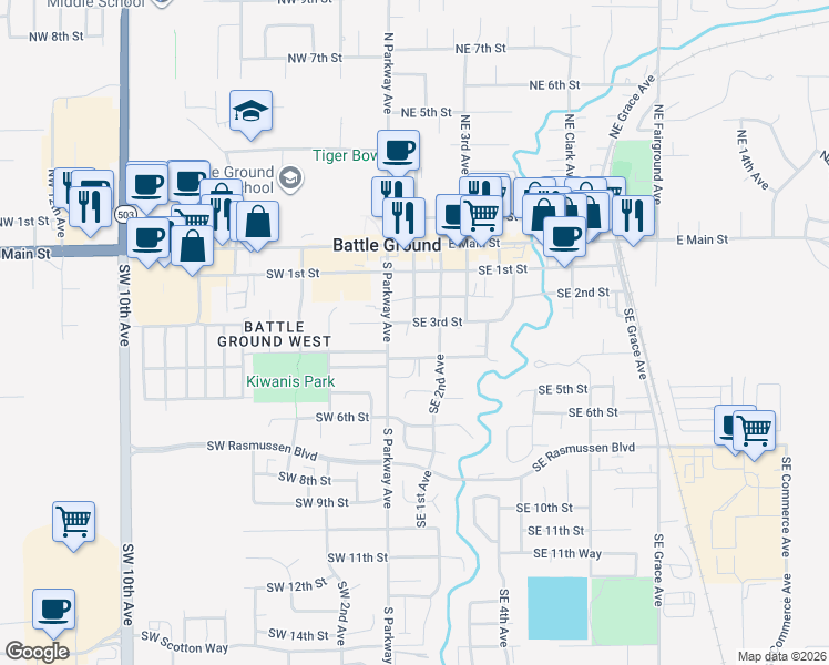 map of restaurants, bars, coffee shops, grocery stores, and more near 101 Southeast 3rd Street in Battle Ground