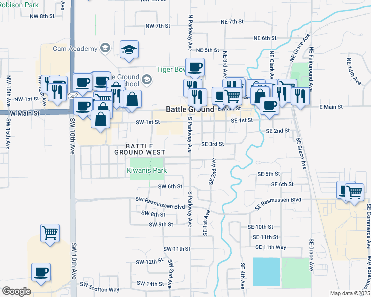 map of restaurants, bars, coffee shops, grocery stores, and more near 304 South Parkway Avenue in Battle Ground
