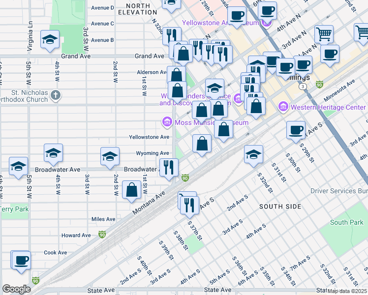 map of restaurants, bars, coffee shops, grocery stores, and more near in Billings