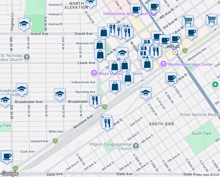 map of restaurants, bars, coffee shops, grocery stores, and more near 3324 1st Avenue North in Billings
