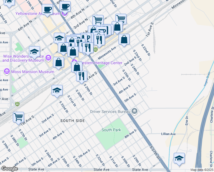 map of restaurants, bars, coffee shops, grocery stores, and more near 216 South 27th Street in Billings