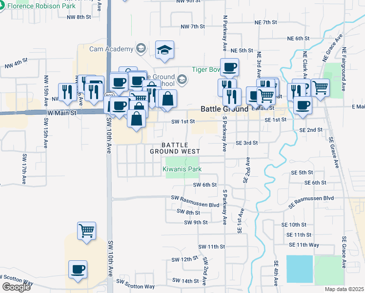 map of restaurants, bars, coffee shops, grocery stores, and more near 300 Southwest 3rd Avenue in Battle Ground