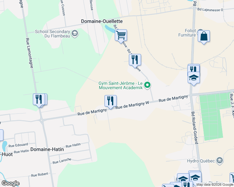 map of restaurants, bars, coffee shops, grocery stores, and more near 55 Rue Claude-Audy in Saint-Jérôme