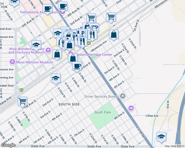 map of restaurants, bars, coffee shops, grocery stores, and more near 214 South 28th Street in Billings