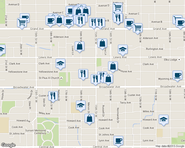 map of restaurants, bars, coffee shops, grocery stores, and more near 1514 Yellowstone Avenue in Billings