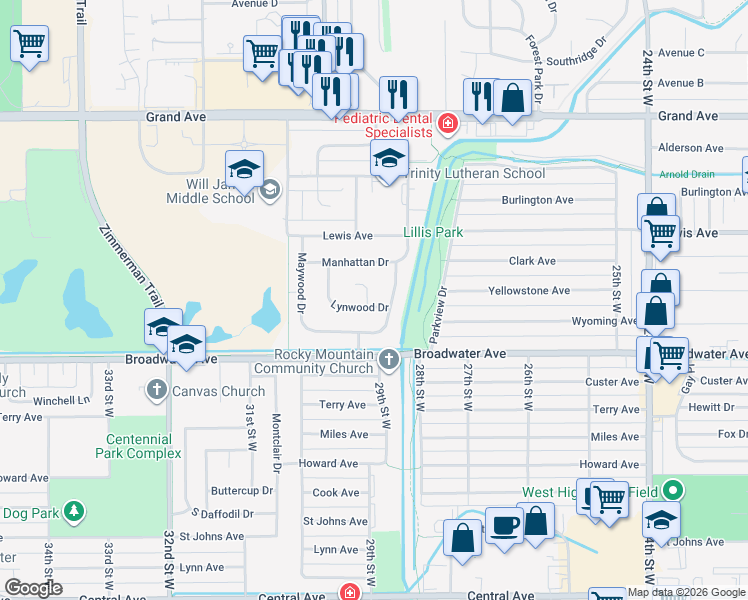 map of restaurants, bars, coffee shops, grocery stores, and more near 2809 Lynwood Drive in Billings