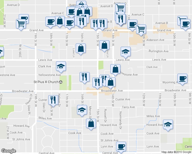 map of restaurants, bars, coffee shops, grocery stores, and more near 1508 Yellowstone Avenue in Billings