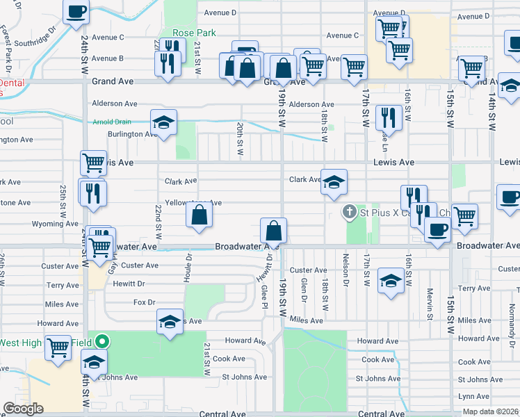 map of restaurants, bars, coffee shops, grocery stores, and more near 1924 Yellowstone Avenue in Billings