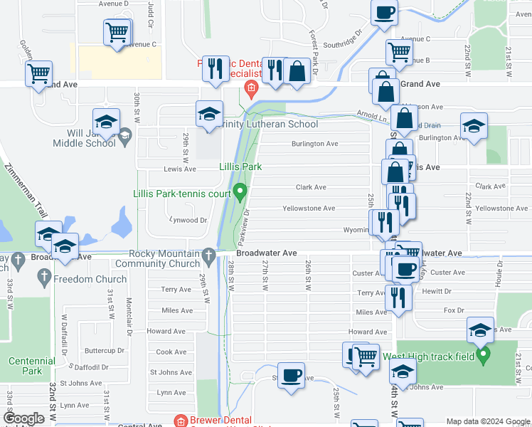 map of restaurants, bars, coffee shops, grocery stores, and more near 2646 Yellowstone Avenue in Billings