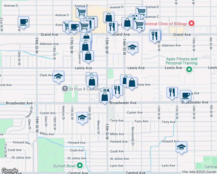 map of restaurants, bars, coffee shops, grocery stores, and more near 1444 Yellowstone Avenue in Billings