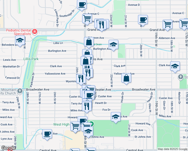 map of restaurants, bars, coffee shops, grocery stores, and more near 2324 Yellowstone Avenue in Billings