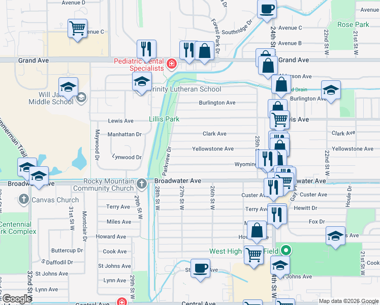 map of restaurants, bars, coffee shops, grocery stores, and more near 2638 Yellowstone Avenue in Billings