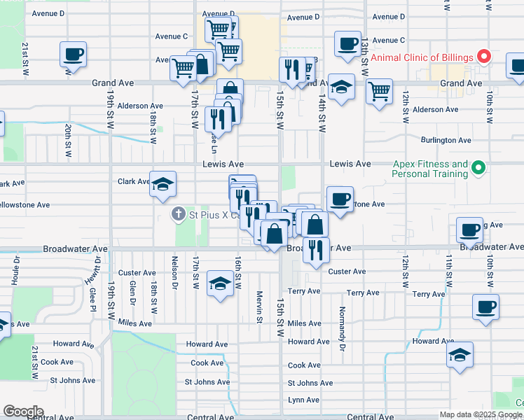 map of restaurants, bars, coffee shops, grocery stores, and more near 1514 Yellowstone Avenue in Billings