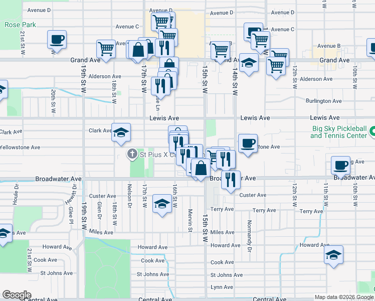 map of restaurants, bars, coffee shops, grocery stores, and more near 1536 Yellowstone Avenue in Billings