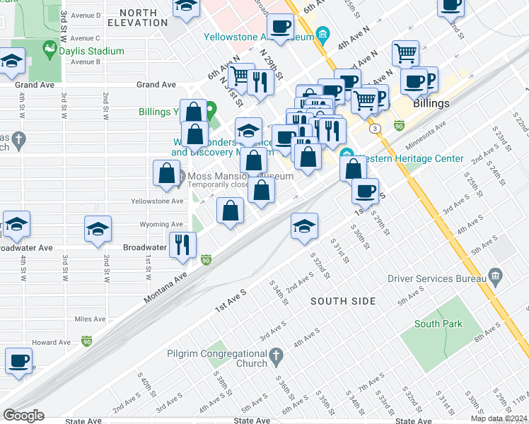 map of restaurants, bars, coffee shops, grocery stores, and more near 18 North 33rd Street in Billings