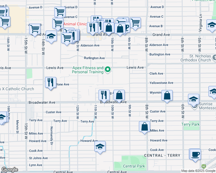 map of restaurants, bars, coffee shops, grocery stores, and more near 1015 Wyoming Avenue in Billings