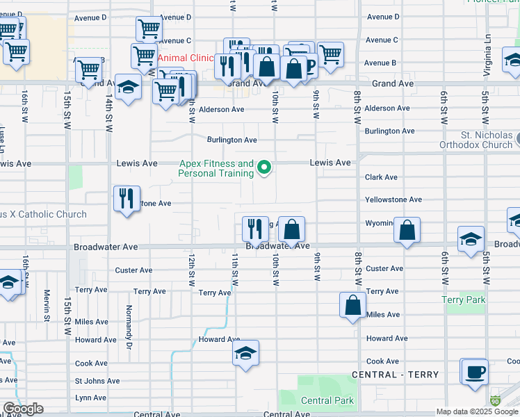 map of restaurants, bars, coffee shops, grocery stores, and more near 1015 Wyoming Avenue in Billings