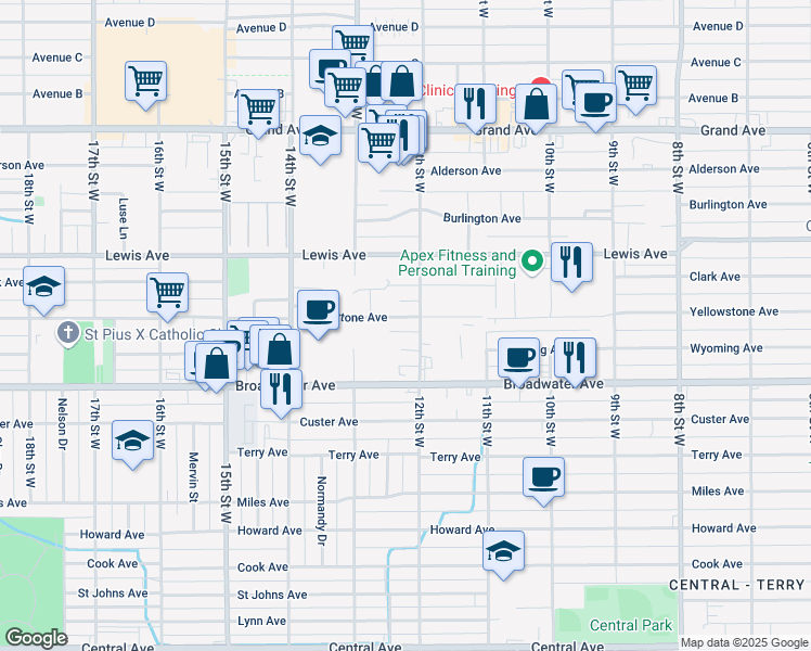 map of restaurants, bars, coffee shops, grocery stores, and more near 845 12th Street West in Billings