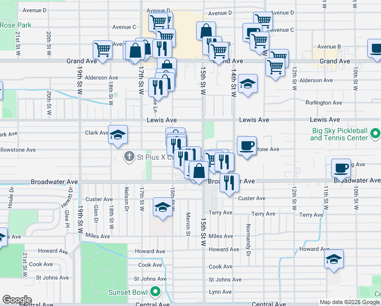 map of restaurants, bars, coffee shops, grocery stores, and more near 1514 Yellowstone Avenue in Billings