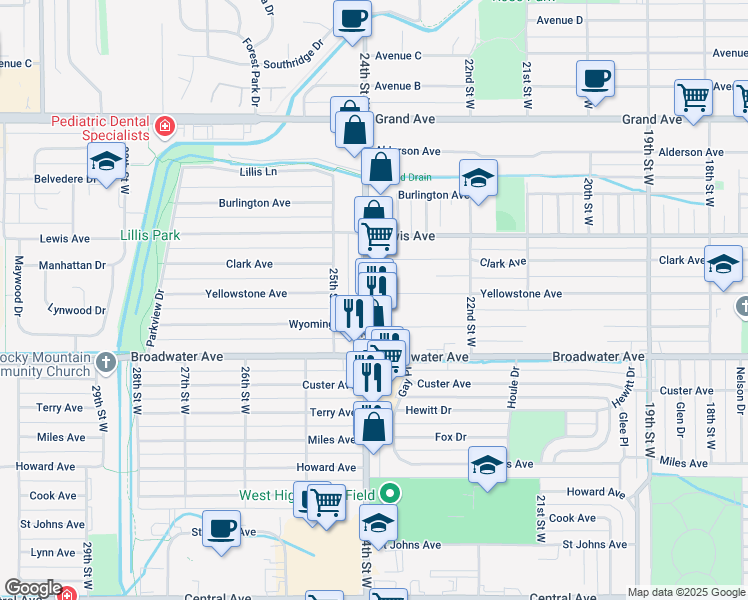 map of restaurants, bars, coffee shops, grocery stores, and more near 813 24th Street West in Billings