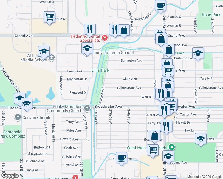 map of restaurants, bars, coffee shops, grocery stores, and more near 2638 Yellowstone Avenue in Billings