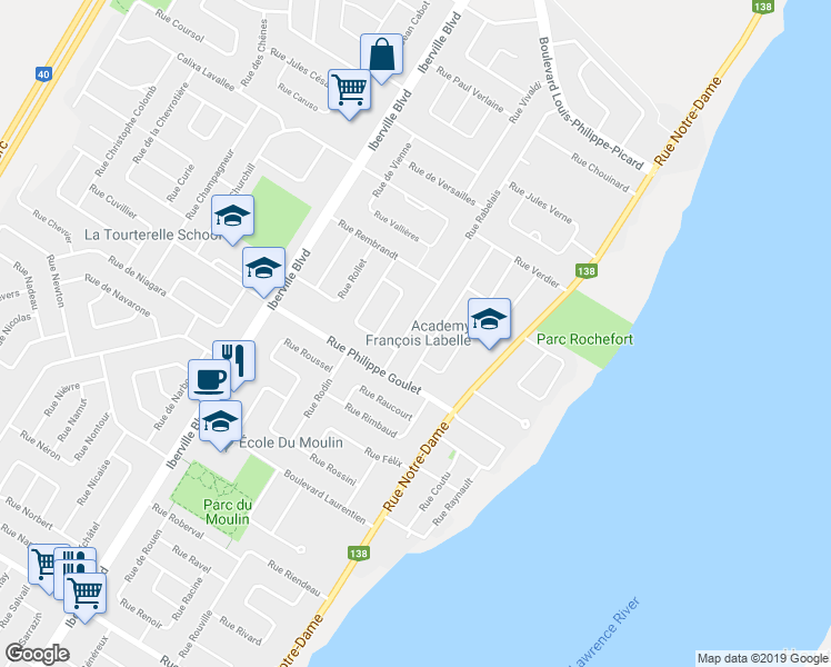map of restaurants, bars, coffee shops, grocery stores, and more near 1218 Rue Rabelais in Repentigny
