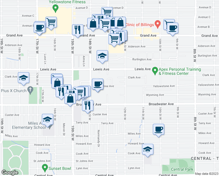 map of restaurants, bars, coffee shops, grocery stores, and more near 1288 Yellowstone Avenue in Billings