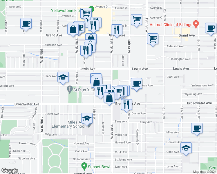 map of restaurants, bars, coffee shops, grocery stores, and more near 1514 Yellowstone Avenue in Billings