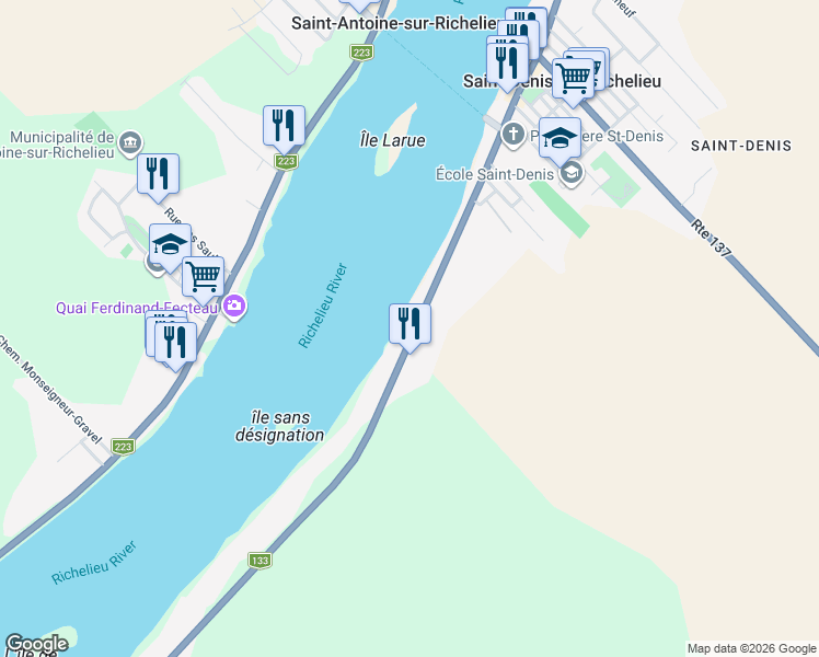 map of restaurants, bars, coffee shops, grocery stores, and more near 703 Chemin des Patriotes in Saint-Denis-sur-Richelieu