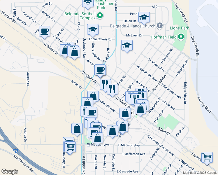 map of restaurants, bars, coffee shops, grocery stores, and more near 315 West Main Street in Belgrade
