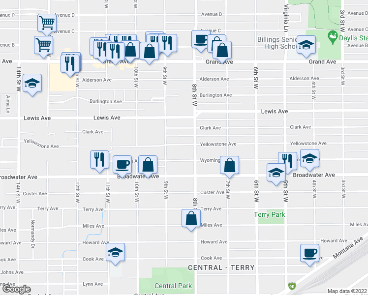 map of restaurants, bars, coffee shops, grocery stores, and more near 816 Yellowstone Avenue in Billings