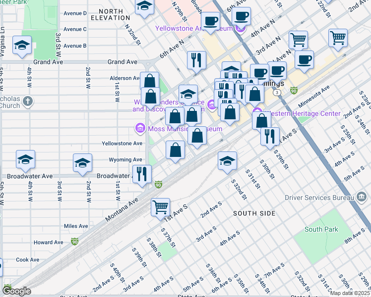 map of restaurants, bars, coffee shops, grocery stores, and more near 3302 Interstate 90 Business in Billings