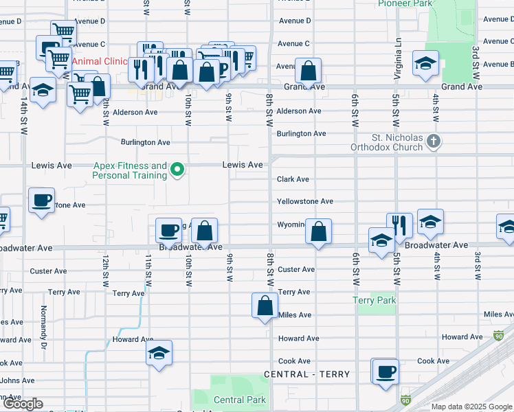map of restaurants, bars, coffee shops, grocery stores, and more near 815 Wyoming Avenue in Billings