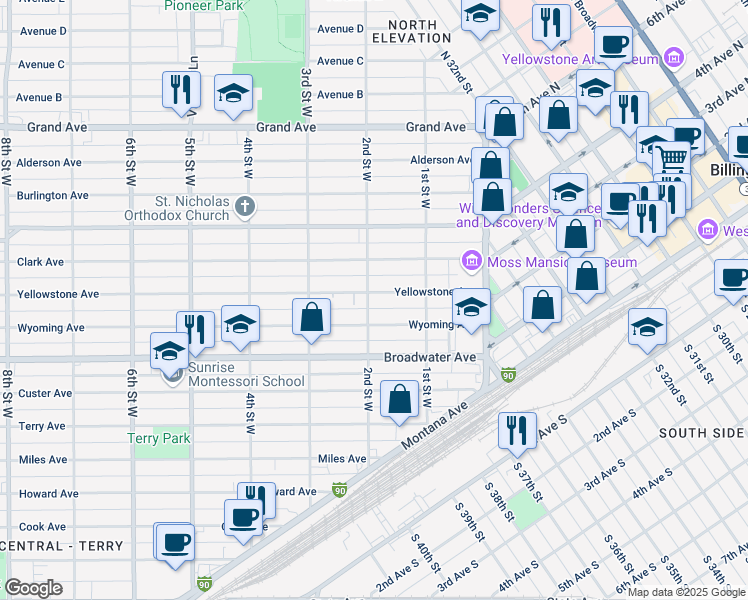 map of restaurants, bars, coffee shops, grocery stores, and more near 810 2nd Street West in Billings