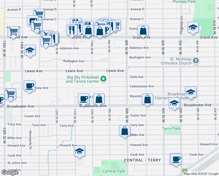 map of restaurants, bars, coffee shops, grocery stores, and more near 909 Wyoming Avenue in Billings