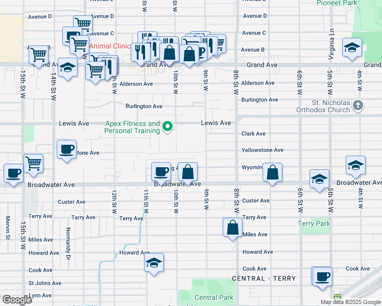 map of restaurants, bars, coffee shops, grocery stores, and more near 902 Wyoming Avenue in Billings