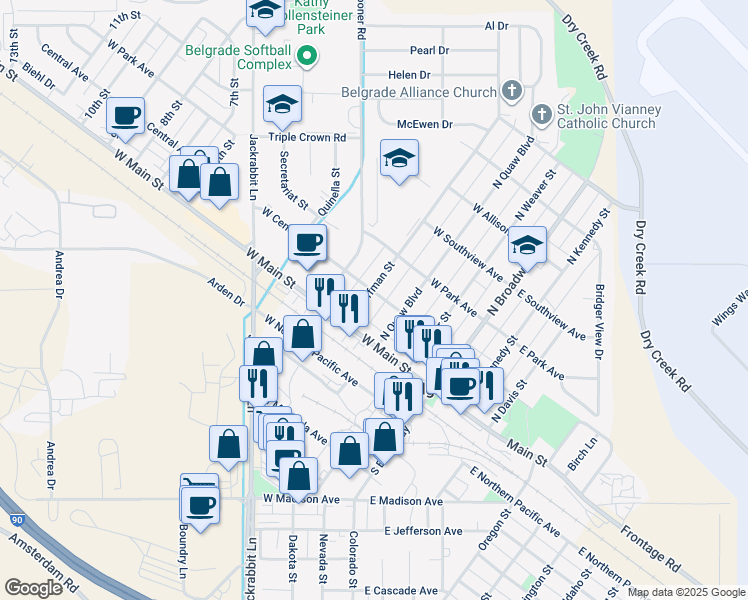 map of restaurants, bars, coffee shops, grocery stores, and more near 90 N Hoffman St in Belgrade