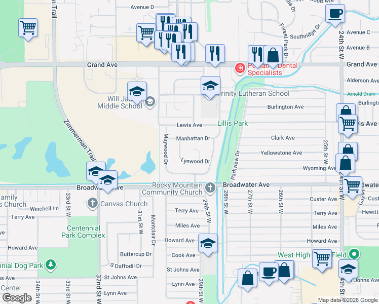 map of restaurants, bars, coffee shops, grocery stores, and more near 2911 Lynwood Drive in Billings