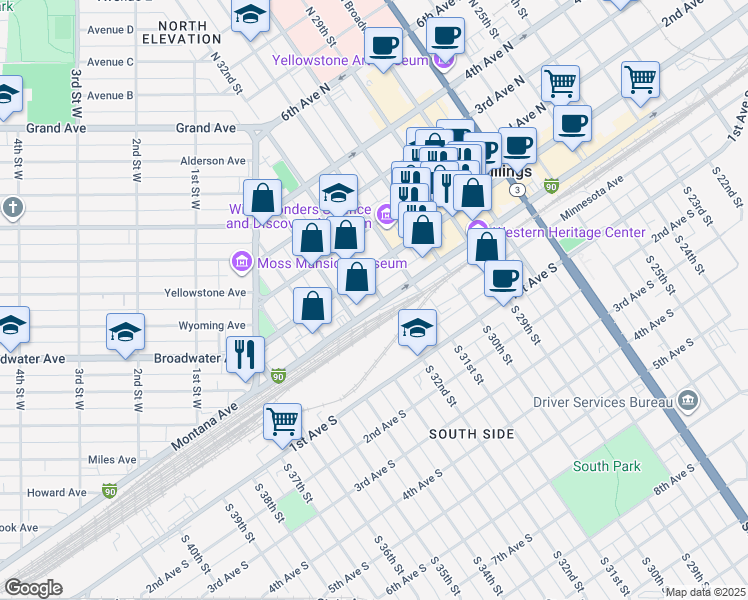 map of restaurants, bars, coffee shops, grocery stores, and more near 3205 Montana Avenue in Billings