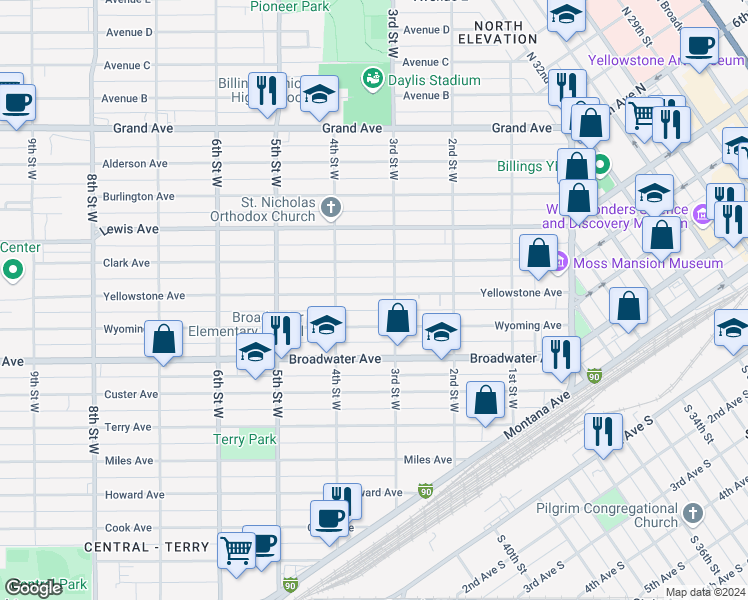 map of restaurants, bars, coffee shops, grocery stores, and more near 311 Wyoming Avenue in Billings