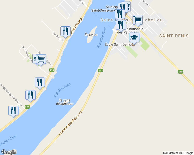 map of restaurants, bars, coffee shops, grocery stores, and more near 703 Chemin des Patriotes in Saint-Denis-sur-Richelieu