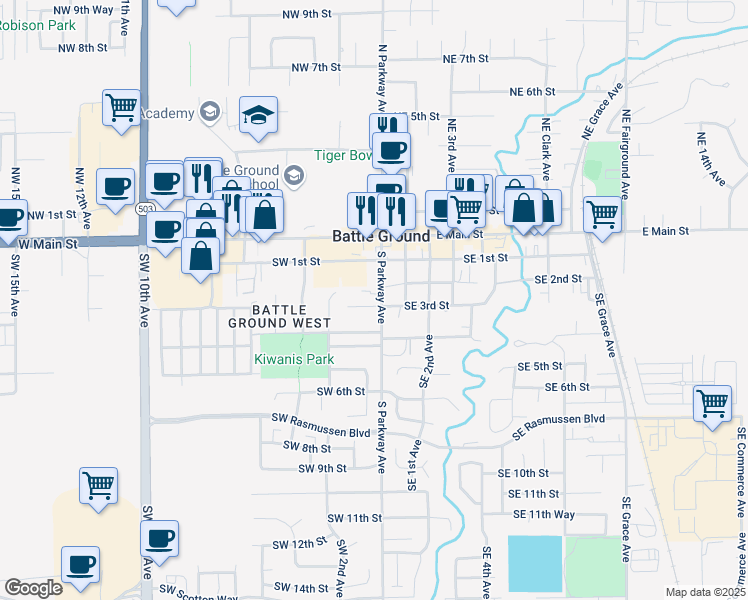 map of restaurants, bars, coffee shops, grocery stores, and more near 304 South Parkway Avenue in Battle Ground