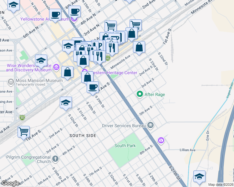 map of restaurants, bars, coffee shops, grocery stores, and more near 216 South 27th Street in Billings