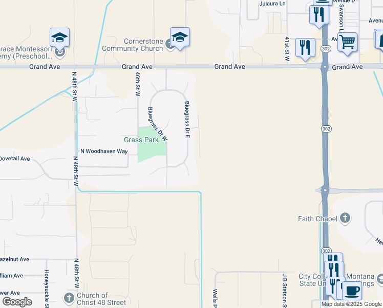 map of restaurants, bars, coffee shops, grocery stores, and more near 885 Bluegrass Drive East in Billings