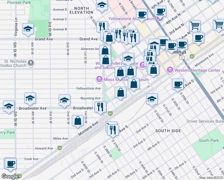 map of restaurants, bars, coffee shops, grocery stores, and more near in Billings