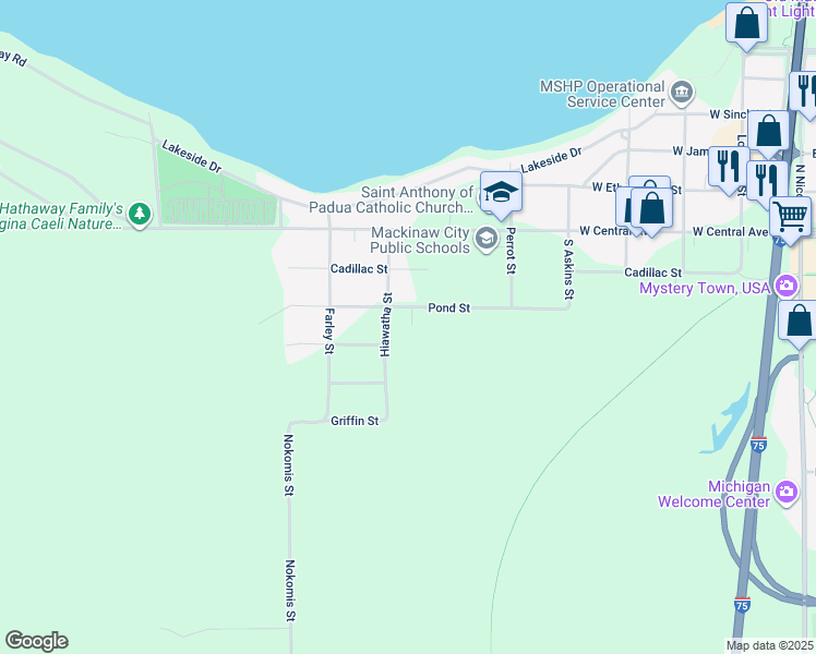 map of restaurants, bars, coffee shops, grocery stores, and more near 759 Pond Street in Mackinaw City