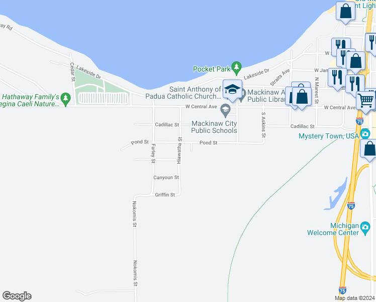 map of restaurants, bars, coffee shops, grocery stores, and more near 759 Pond Street in Mackinaw City