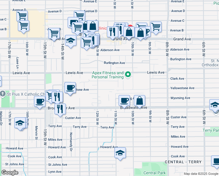 map of restaurants, bars, coffee shops, grocery stores, and more near 1121 Yellowstone Avenue in Billings