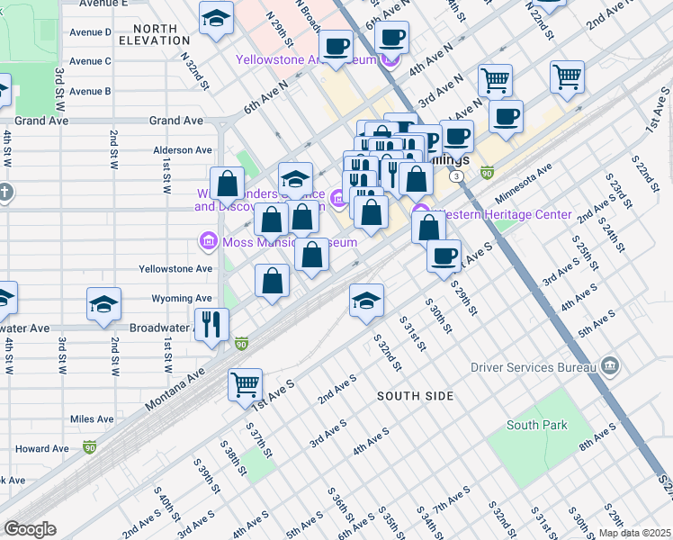 map of restaurants, bars, coffee shops, grocery stores, and more near 3205 Montana Avenue in Billings